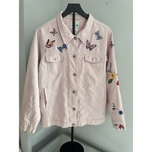 Quacker Factory Pink Linen Blend Embroidered Butterfly & Floral Jacket Sz Large